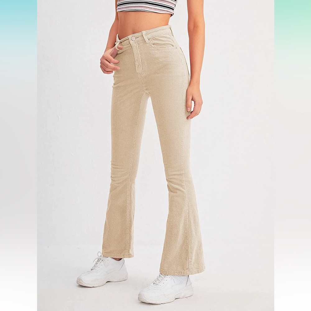 High waisted beige corduroy flare leg pants
